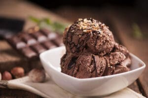 chocolate icecream in a white bowl