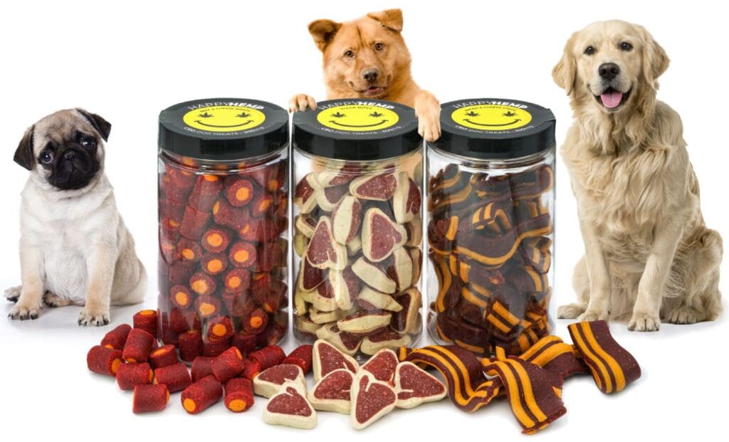 CBD dog treats with three dogs