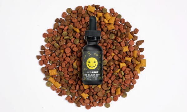 a CBD oil bottle lying in dog food