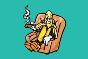 a banana cartoon sitting on a sofa and smoking cigar