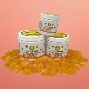 CBD gummies peach, stress relief CBD, natural flavor CBD, wellness CBD gummies, Happy Hemp