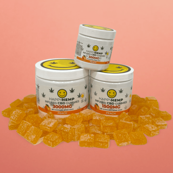 CBD gummies peach, stress relief CBD, natural flavor CBD, wellness CBD gummies, Happy Hemp