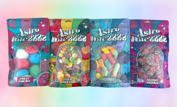 freeze-dried candy, sour fruit bites, fruit chews, astro geeks, zesty gummy worms